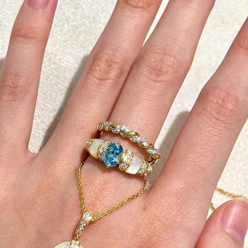 Klasyczny niebieski komplet biżuterii z klejnotem akwamaryny, biały naszyjnik z pierścieniem Fritillaria