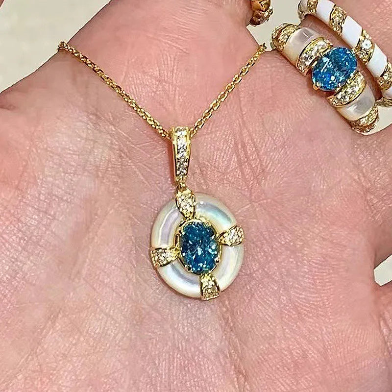 Klasyczny niebieski komplet biżuterii z klejnotem akwamaryny, biały naszyjnik z pierścieniem Fritillaria