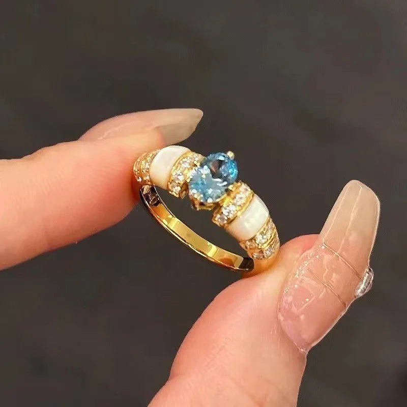 Klasyczny niebieski komplet biżuterii z klejnotem akwamaryny, biały naszyjnik z pierścieniem Fritillaria